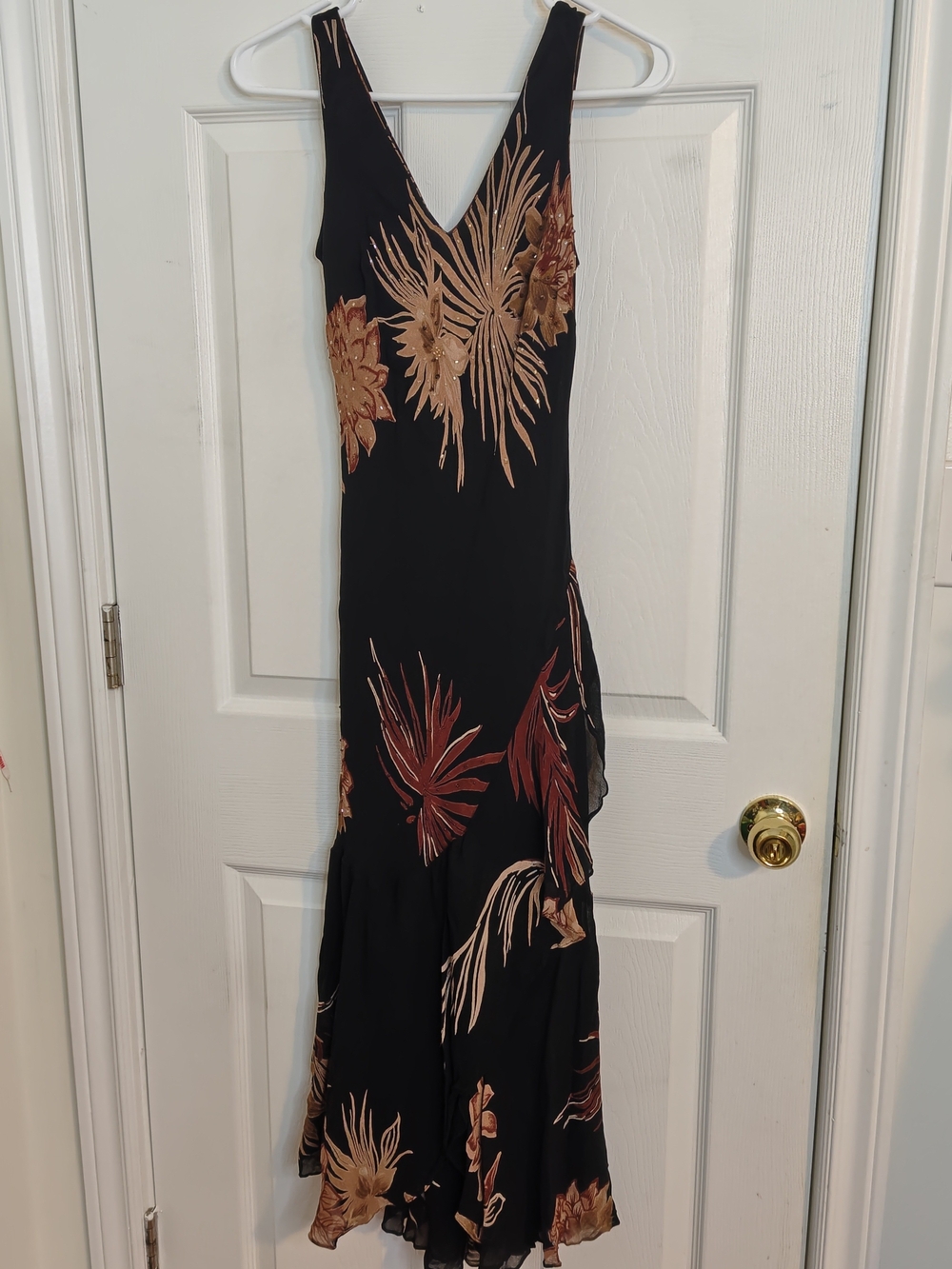 Vintage Y2K Eva Blue Black Warm Earth Tone Floral Beaded Midi Dress Size 6P XS/S